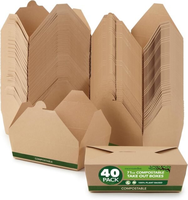 (Set of 40) 71oz Food Compostable Take Out Containers Disposable, Large Microwaveable Paper To Go Boxes, Grease Resistant Natural Kraft Cardboard Lunch Box, Takeout, Biodegradable, Eco-Friendly