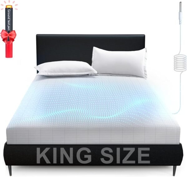 Adamson Grounding Fitted Sheet King Size, Earthing Sheets - Pure Silver Fiber & Organic Cotton + Grounding Cord + Tester Pen Included - 5-Year Warranty (White, King - 76"x80"x15)