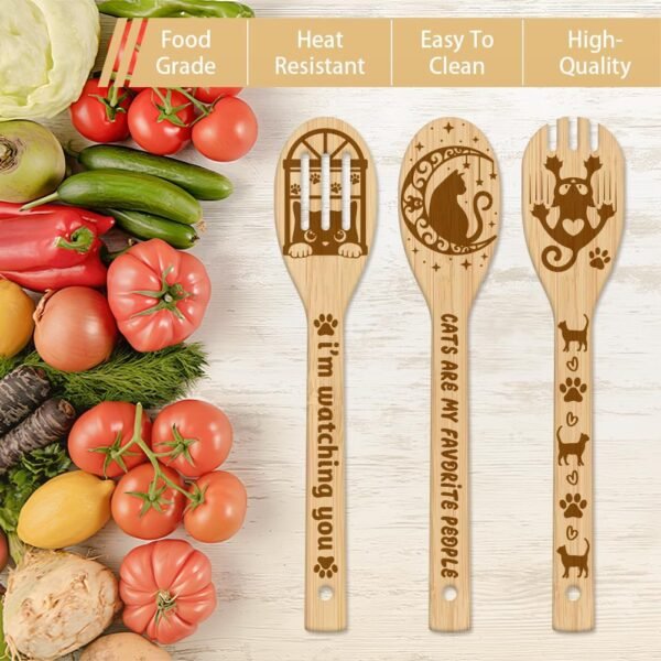 GLOBLELAND 6Pcs Cat Bamboo Cooking Utensils Wooden Engraved Cooking Spoons Set Carving Kitchen Bamboo Spatula Set Wood Cooking Spoon for Kitchen House Warming Gift - Image 4