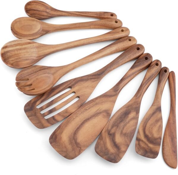 Wooden Spoons for Cooking, 9 PCS WOSPONFAN Kitchen Utensils Set, Wooden Utensils for Cooking - Wooden Spoons, Spatula Set, Slotted Spoon, Handmade Wooden Spoon Set