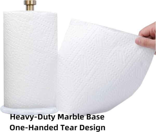 Paper Towel Holder with Marble Base - 13" x 7" Upright Paper Roll Dispenser with Heavy Non-Slip Base for Easy One-Handed Tear - for Countertops, Cabinets, and Bathrooms (White Marble Base, Gold) - Image 3