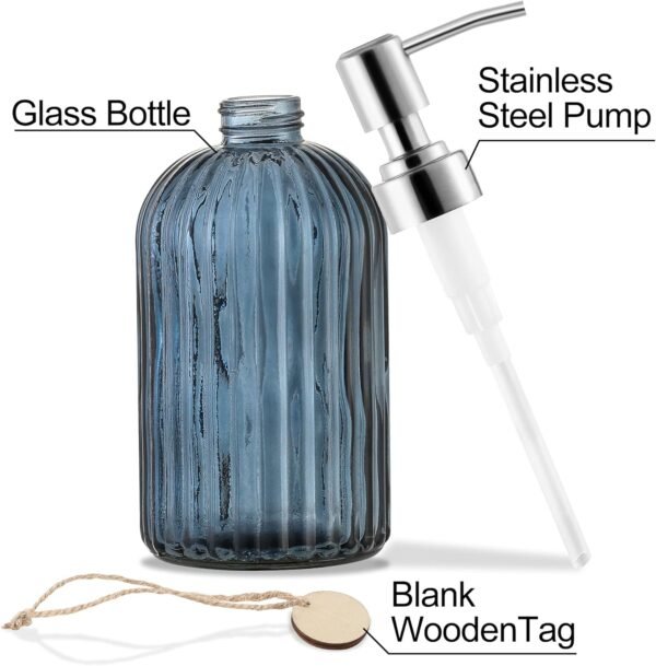 16 OZ Soap Dispenser，Tempered Glass Clear Vertical Stripe with 304 Rust Proof Stainless Steel Pump Refillable Liquid Hand Soap Dispenser，for Bathroom, Kitchen, Dish Soap，Lotion (Blue Grey) - Image 3