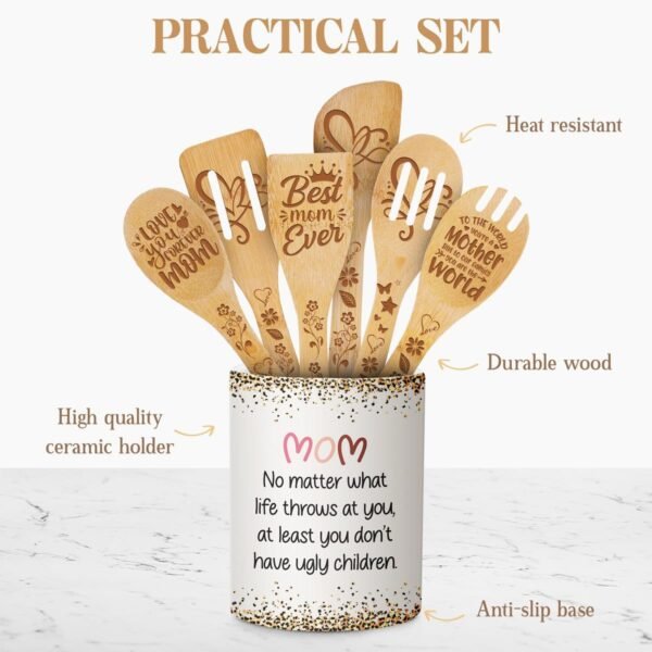 Cooking Utensils Set, Mom No Matter How Hard Life Gets Ugly Children, Grandparents Day Gift, Utensil Holder & 6 Wooden Spoons Cooking Gifts For Mom, Kitchen Gifts For Mom, Silverware Holder - Image 4