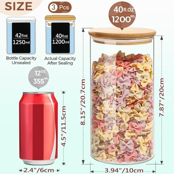 Airtight Glass Storage Canister with Wood Lid(40 fl.oz), Clear Food Storage Container Jar with Sealing Bamboo Lid for Noodles Flour Cereal Rice Sugar Tea Coffee Beans, Round Set of 3 - Image 2