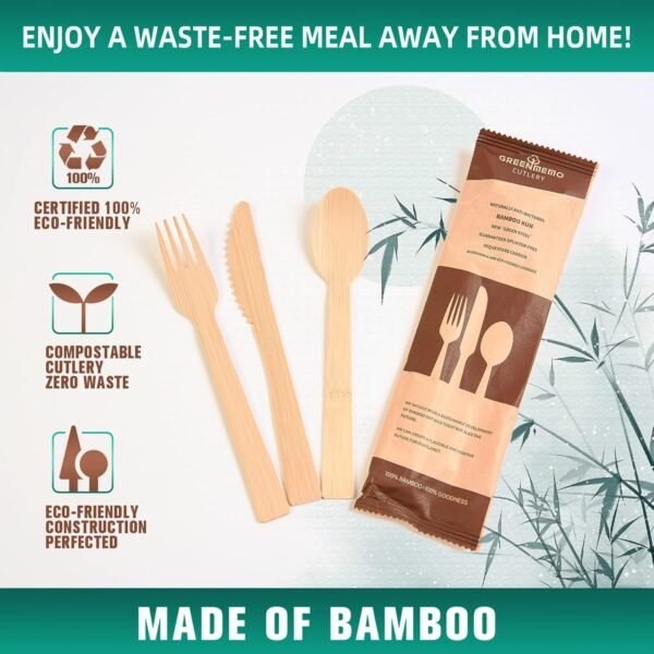 Disposable Bamboo Utensils,Natural Bamboo Utensils 150 Pcs (50 Forks, 50 Spoons, 50 Knives) Biodegradable Compostable Cutlery, Reusable Bamboo Flatware for Gatherings, Camping, Picnic, Parties - Image 2