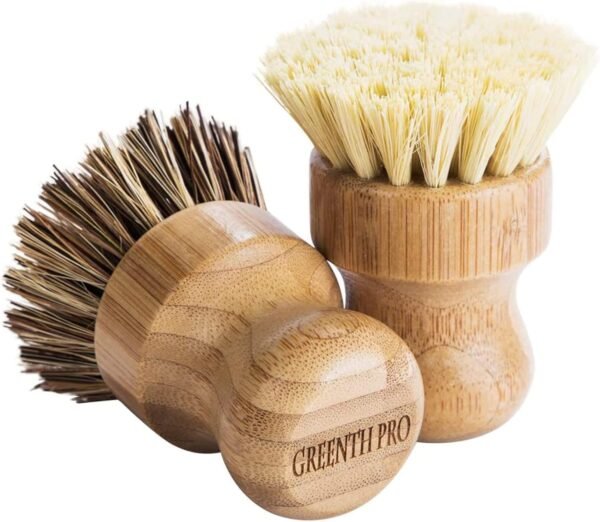 Palm Pot Brush- Bamboo Round 3 Packs Mini Dish Brush Natural Scrub Brush Durable Scrubber Cleaning Kit with Union Fiber and Tampico Fiber for Cleaning Pots, Pans and Vegetables - Image 2