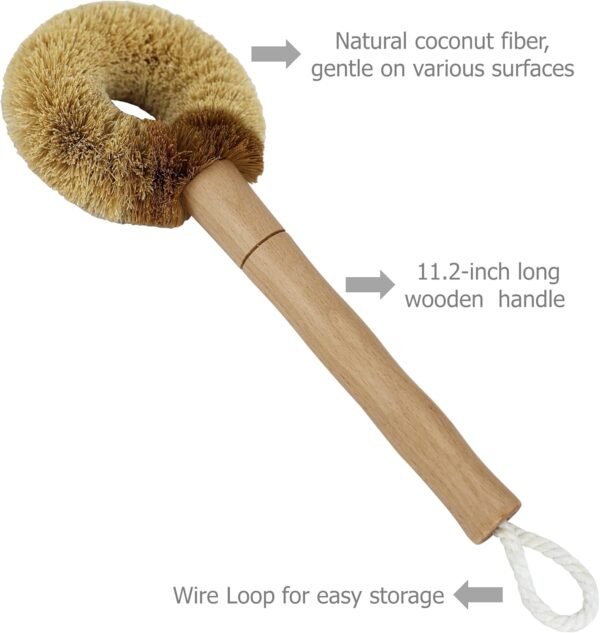 EIKS 2 Pack Kitchen Scrub Brushes Natural Coconut Fiber Cleaning Brushes for Dish Pan Pot Vegetable Fruits Glassware Cookware - Image 4