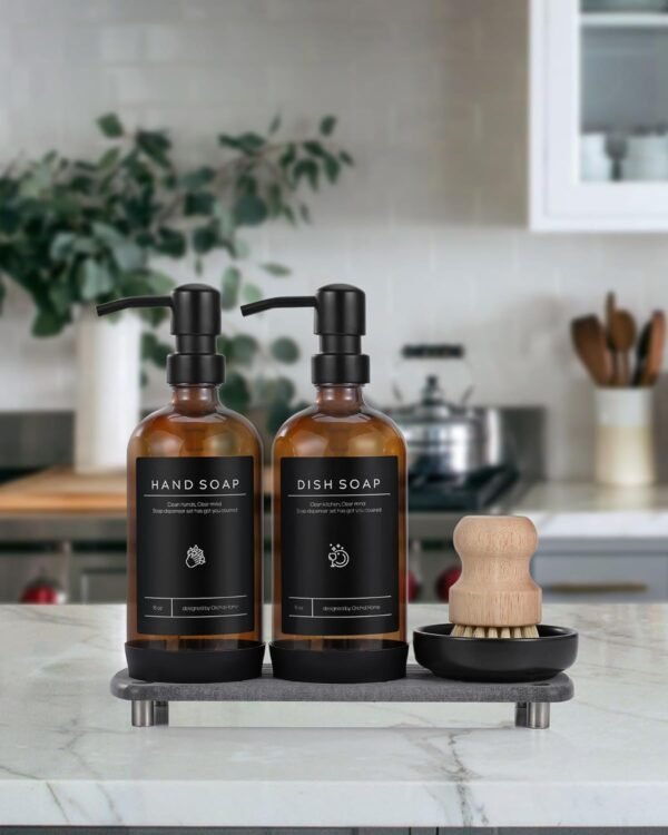 [LUXURY] Kitchen Soap Dispenser Set - 16OZ Amber Glass Bottle, Stainless Steel Pump, Instant Dry Tray, Waterproof Labels, Non-Slip Silicone Pad, and Dish Brush | Upgrade for Your Kitchen and Bathroom - Image 7