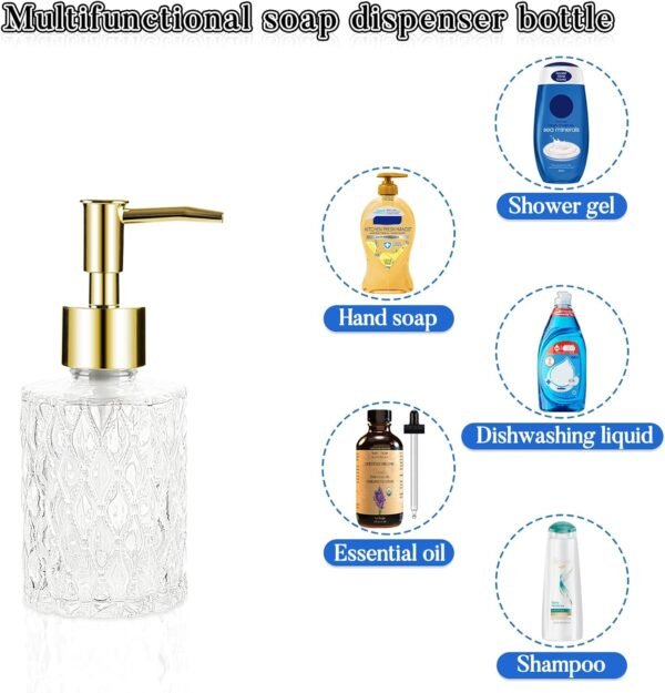 Multipurpose Soap Dispenser Easy to Clean Glass Soap Pump Dispenser Ideal for Bath and Bathroom (Gold) - Image 4