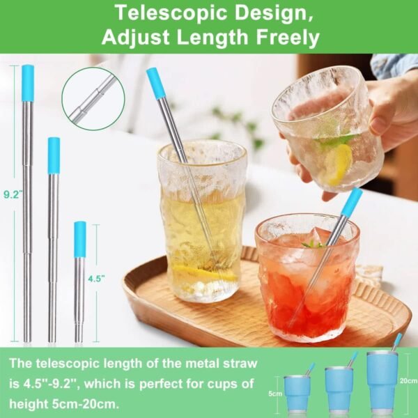 Kynup Reusable Straws, 4Pack Collapsible Portable Metal Straw Reusable Foldable Stainless Steel Drinking Travel Telescopic Straw with Case, Clean Brush, Keychain Gifts (Blue-Black- Rose Gold-Silver) - Image 2