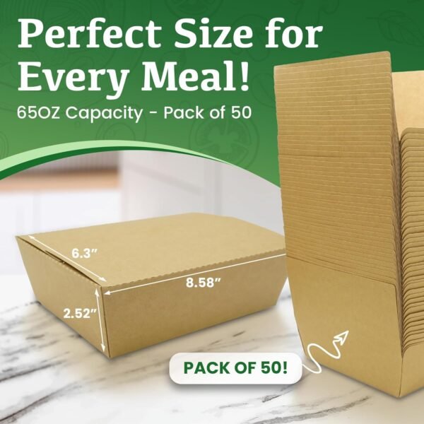 Holotap 50Pcs 65Oz Take Out Food Containers, Disposable Kraft Paper Meal Prep Boxes, Microwaveable and Grease Resistant To Go Containers with Lids for Restaurant Kitchen and Party - Image 2