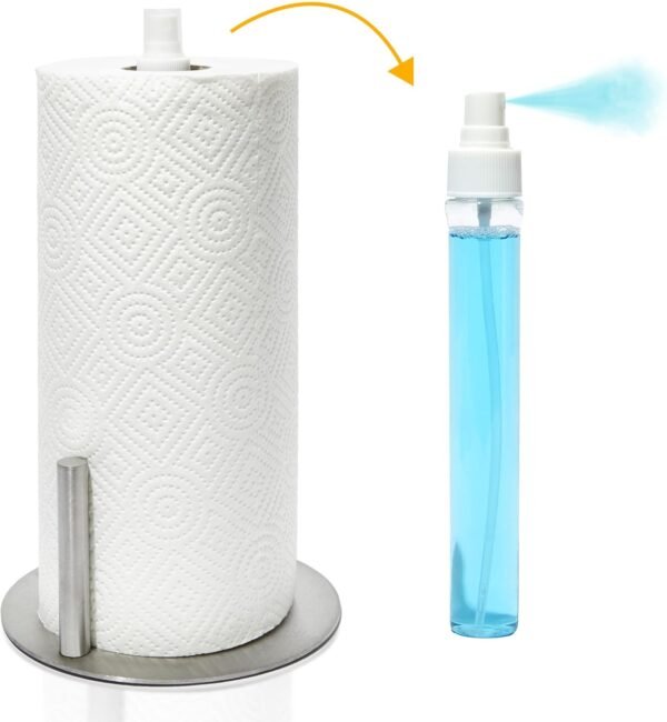 J.M.T HomeGoods Kitchen Paper Towel Holder with Spray Bottle - 2 in 1 Stainless Steel Napkin Holder - Paper Towel Holder Stand for Counter, Silver