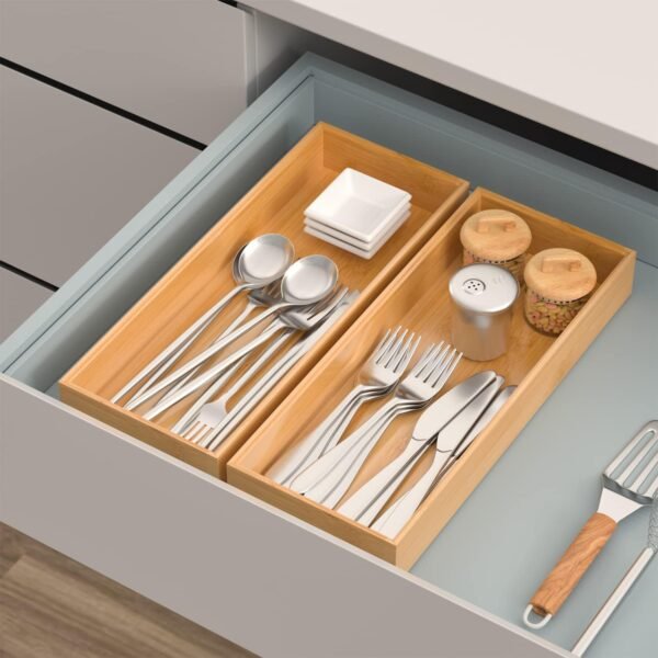 Bamboo Drawer Organizer, Stackable Utensil Organizer for Kitchen, Bamboo Storage Box Wood Silverware Tray for Drawer 15" x 6" x 2" Set of 2 - Image 2