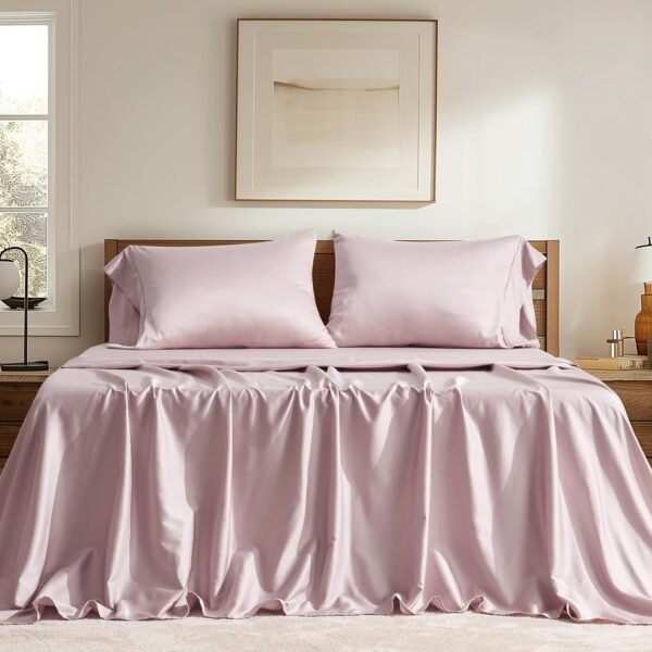 EVERGRACE Cotton TENCEL Sheets Queen Size 4 Piece Set, Silky Soft Cooling Bed Sheets, Luxury Organic Eucalyptus Lyocell Sheets with Deep Pocket, 1 Fitted Sheet, 1 Flat Sheet, 2 Pillowcases, Mauve Pink