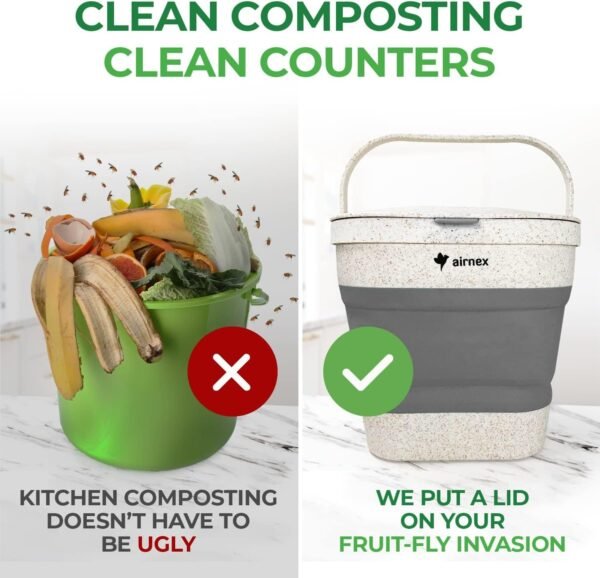 Collapsible Compost Bin Kitchen Counter Caddy - 1 Gallon Countertop Compost Bin with Lid Made of Wheat Straw - Odorless Kitchen Compost Bin Countertop with 20 Compost Bags and 2 Carbon Filters - Image 4