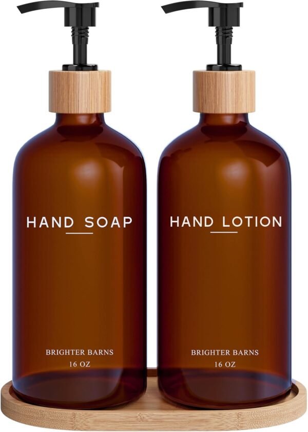 Amber Glass Soap and Lotion Dispenser Set with Tray by Brighter Barns - Hand Soap Dispenser Bathroom Set - Liquid Hand Soap Dispenser and Pump - Bamboo Home Accessories & Modern Bathroom Decor