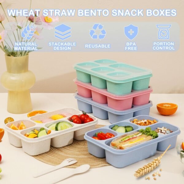 Bento Box Adult Lunch Box, 4 Pack Lunchable Containers 5 Compartments,Divided Lunch Containers with Utensils,Reusable Snack Containers for Adults Kids,Snack Box Containers for School Work Travel - Image 4
