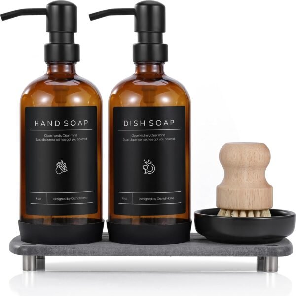 [LUXURY] Kitchen Soap Dispenser Set - 16OZ Amber Glass Bottle, Stainless Steel Pump, Instant Dry Tray, Waterproof Labels, Non-Slip Silicone Pad, and Dish Brush | Upgrade for Your Kitchen and Bathroom