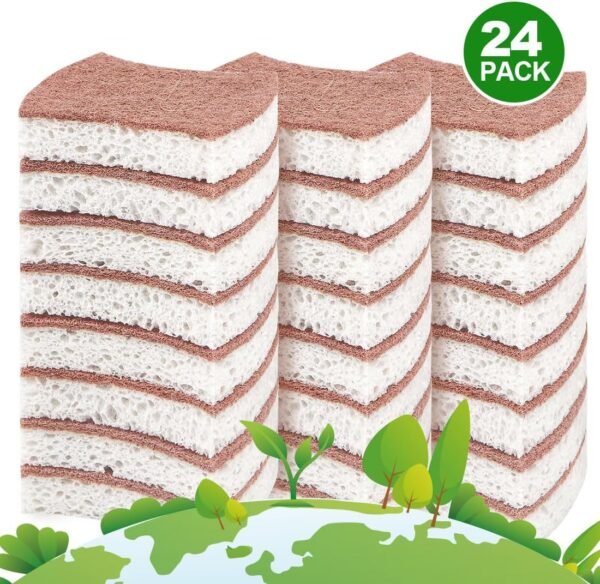 HOMEXCEL Natural Scrub Sponges Kitchen 24 Pack, Non-Scratch Cleaning Sponges for Dishes, Cellulose Sponges Safe on Non-Stick Cookware, Dual Sided Dish Sponge for Washing Dishes, Kitchen and Household - Image 6