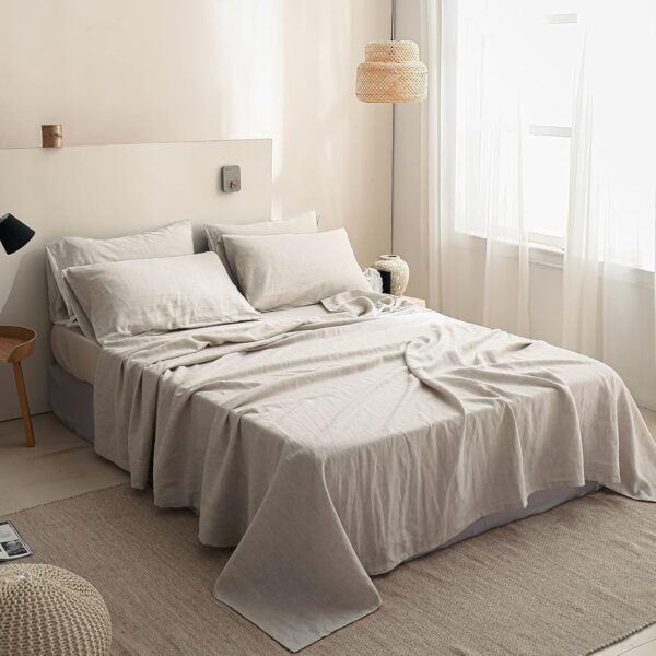 Simple&Opulence 100% Linen Sheet Set Solid Color- 6 Pcs Washed French Flax Bed Sheets (1 Flat Sheet, 1 Fitted Sheet, 4 Pillowcases) - Breathable Home Collection (Basic Linen, Queen) - Image 7