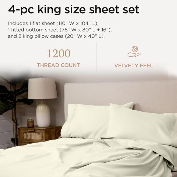 Threadmill 100% Supima Cotton Sheets, Premium 1200 Thread Count Cotton Sheets for King Size Bed, 4 Pc Ivory King Bed Sheets Set, 5-Star Hotel Quality with Elasticized Deep Pocket King Sheets - Image 2