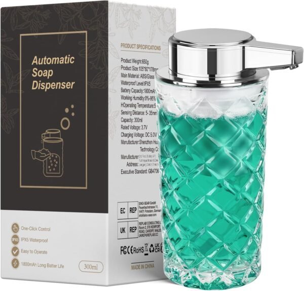Automatic Liquid Soap Dispenser Touchless Auto Glass Clear Diamond Design Hand Lotion Soap Dispenser with Pump Electric Hands Free Modern Dish Soap Dispenser Rechargeable for Kitchen Bathroom - Image 8