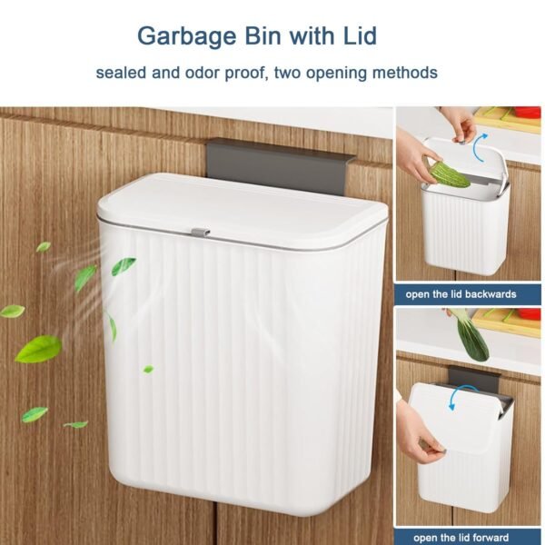2.4 Gallon Kitchen Compost Bin for Counter Top or Under Sink, Hanging Small Kitchen Trash Can with Lid, Wall Mounted Waste Basket Bin Garbage Can for Bathroom (White) - Image 6