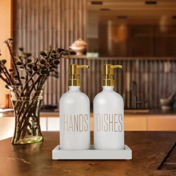 Soap Dispenser Set, Contains Hand Soap Dispenser and Dish Soap Dispenser for Kitchen， Glass Soap Dispenser with Stainless Steel Pump，for Luxury Gold Kitchen Counter Decor，（White） - Image 4