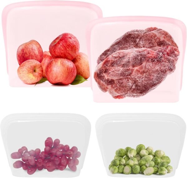 KVK Extra Large Reusable Silicone Bags 128fl oz LFGB Certified Reusable Food Storage Bag Stand up Gallon Bags for Cook Store Sous Vide Oven & Dishwasher Safe 44oz&128oz 4 Pack Clear&Pink