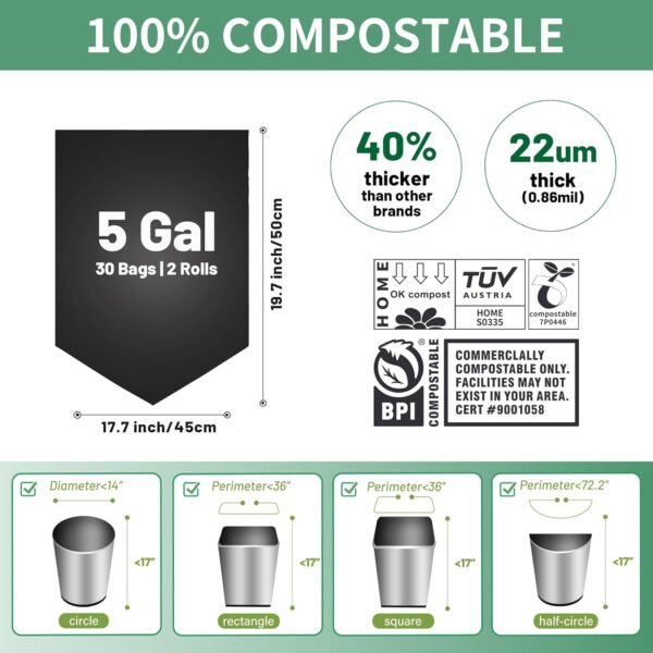 5 Gallon Trash Bags Compostable Portable Toilet Bags 100% Compost Garbage Bag Extra Thick 0.86 Mil for Camping Travel Kitchen Bathroom BPI Certified 30 Counts, Black - Image 4