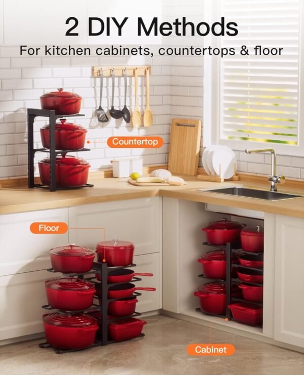 ORDORA Pots and Pans Organizer: Rack for Cabinet, 8-Tier Heavy Duty 120LBS Pots Pans Organizer Rack under Cabinet Adjustable for Dutch Ovens, Cast-iron Pans, Heavy Skillets Griddles, Shallow Pots - Image 4