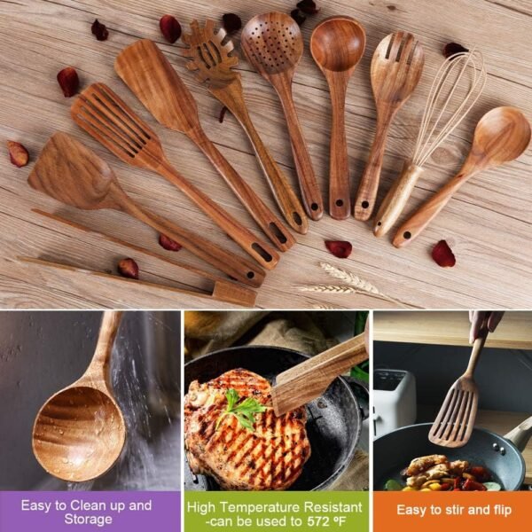 Kitchen Utenails Set with Holder,Kitchen Wooden Utensils for Cooking, Wood Utensil Natural Teak Wood Spoons for Cooking,Wooden Kitchen Utensil Set With Spatula and Ladle (11) - Image 3