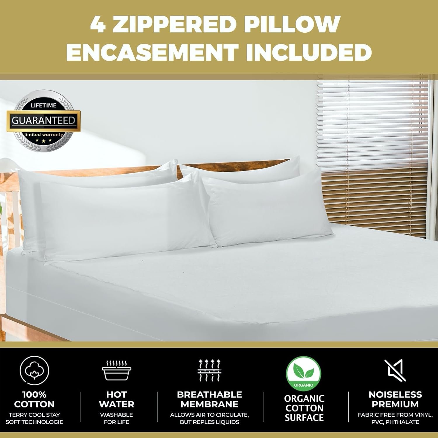 4 Pack - Organic Cotton Pillow Protectors with Zipper Queen Size - Waterproof and Skin-Friendly Terry Cotton Pillow Covers - 100% Cotton Top Pillow Protector (Queen) - Image 2