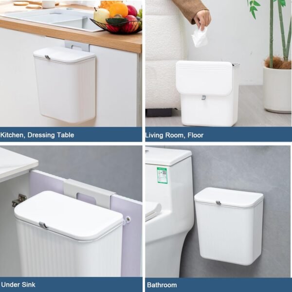 2.4 Gallon Kitchen Compost Bin for Counter Top or Under Sink, Hanging Small Kitchen Trash Can with Lid, Wall Mounted Waste Basket Bin Garbage Can for Bathroom (White) - Image 7