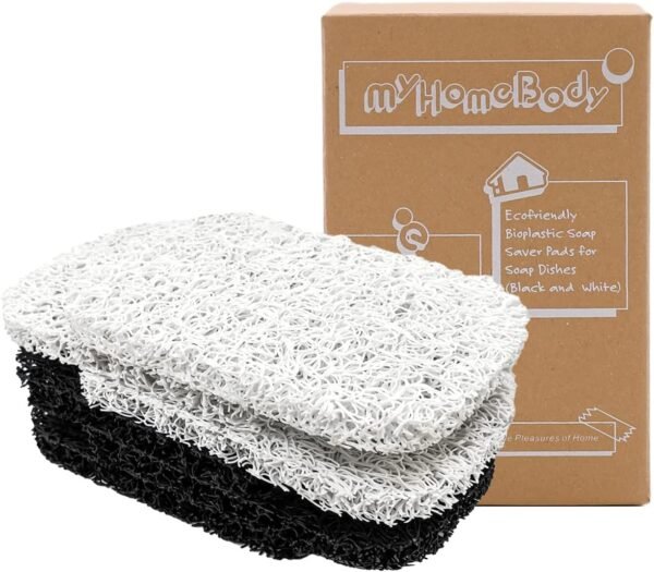 myHomeBody Soap Saver, Soap Lifting Pads for Soap Dish, Multi-Directional Weave, Efficient Draining Soap Bar Holder for Shower, 6 Piece Set – 3 Black, 3 White
