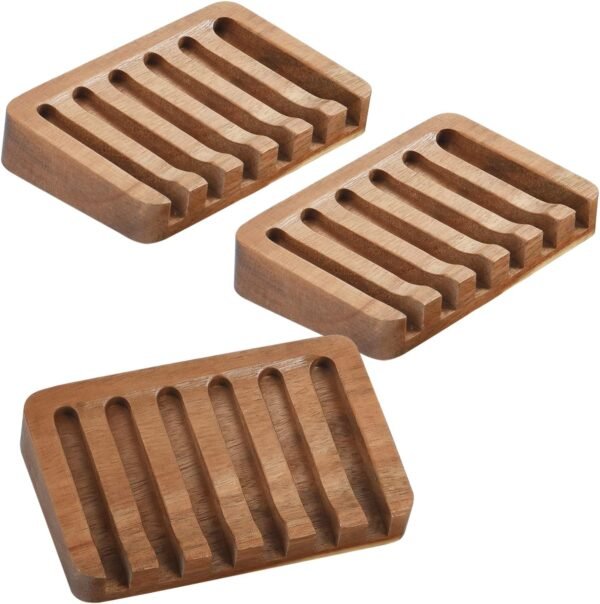 IMPRESA [3 Pack] Self Draining Soap Dish for Dry, Lasting Soap – Water-Proof Acacia Wood Soap Dishes – Vintage Sloped Design for Bathroom and Kitchen – Sturdy Soap Tray for Shower
