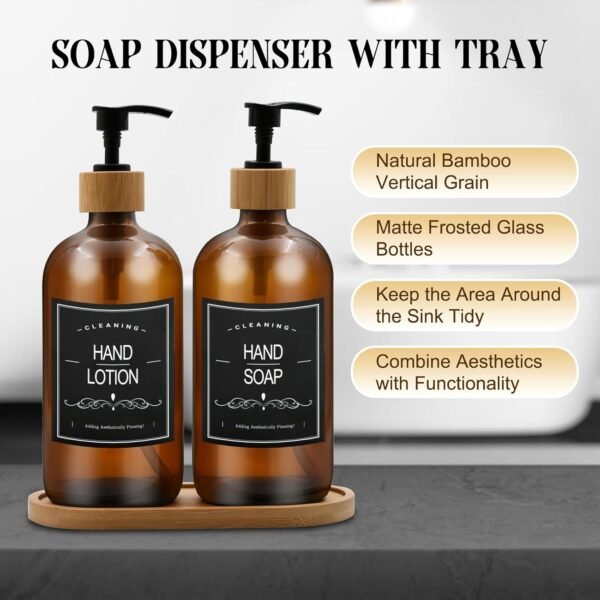 Dish Soap Dispenser Set with Bamboo Tray, Kitchen Soap Dispenser Set, Glass Matte Hand and Dish Soap Dispenser Set for Kitchen Decor-Brown - Image 4