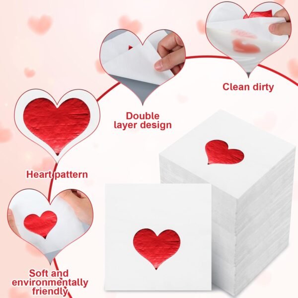 Janlaugh 200 Pcs Valentine Disposable Red Foil Love Heart Hand Napkins Decorative Paper Guest Towels for Valentine's Day Party Kitchen Lunch Dinner - Image 3