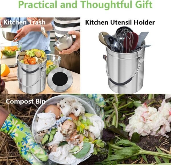 Compost Bin Countertop, Composter Bucket with Lid Abakoo 1.6 Gallon Stainless Steel Kitchen Waste Pail Plus 4pcs Bonus Charcoal Filters Clean & Odor Free - Image 7