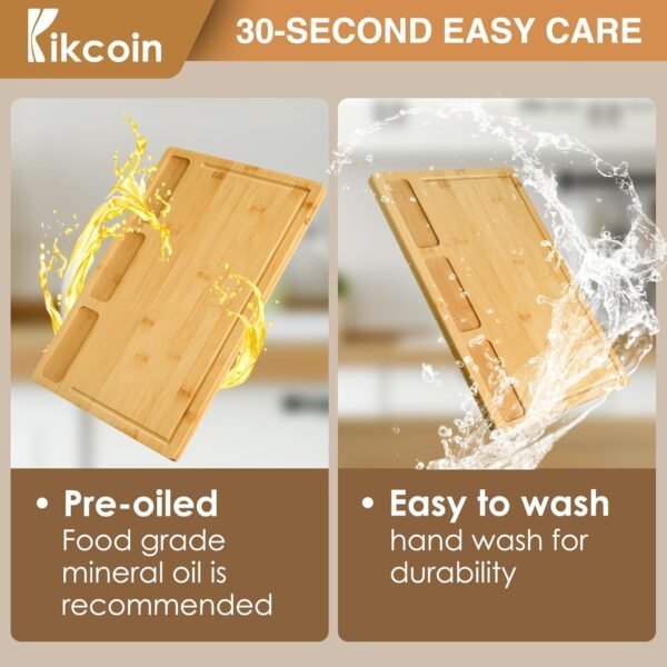 Bamboo Cutting Boards for Kitchen, (Set of 3) Kitchen Chopping Board with 3 Built-In Compartments and Juice Groove Heavy Duty Serving Tray Wood Butcher Block and Wooden Carving Board, Kikcoin - Image 6