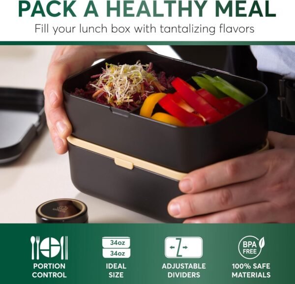 Umami Bento Box Adult All-In-1 XXL w/ 4 Utensils, 100% Leakproof, Microwave & Dishwasher Safe Lunch Containers for Adults, 4 Compartments, Bento Lunch Box Containers w/Premium Real Bamboo Lid - Image 2