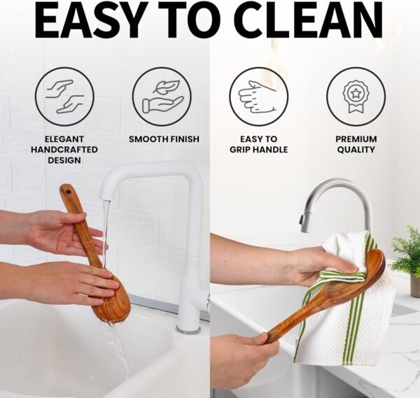 Zulay Kitchen Premium Large Teak Wooden Spoon For Cooking - Durable Wooden Cooking Utensil, Perfect Wooden Kitchen Utensil Set Addition, Smooth Finish Natural Teak Spoon, Non-Stick Wooden Spoon - Image 7