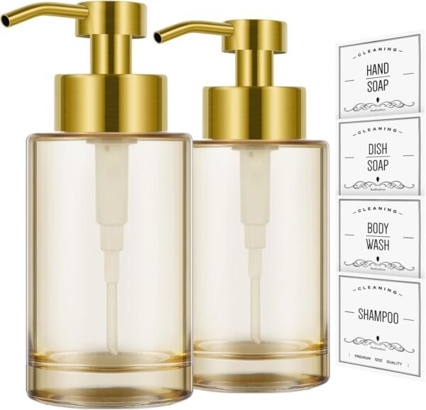 Glass Soap Dispenser with Stainless Steel Pump 2 Pack,12oz Thick Glass Gold Hand Liquid Soap Dispenser Bathroom,Dish Amber Soap Dispenser,Clear Soap Dispenser for Bathroom,Kitchen