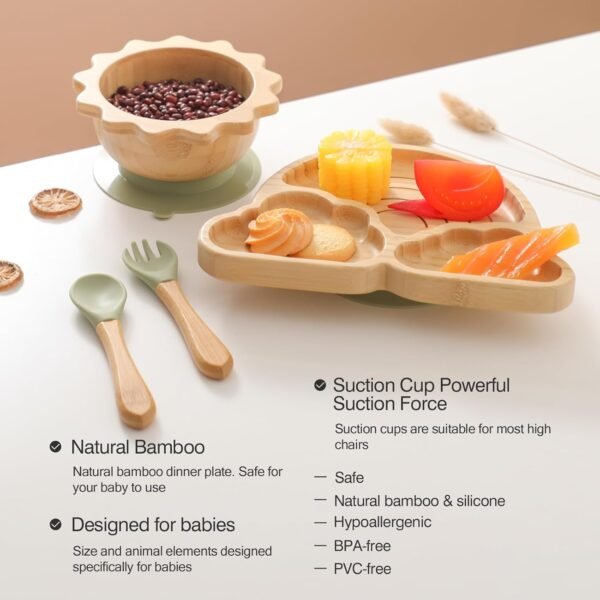 Bamboo Suction Plates Bowls Set for Baby Toddler Divided Platter Food bowl with Silicone Fork & Spoon All-Natural Baby Feeding Set for Baby-Led Weaning, Non-Slip Design - Image 4