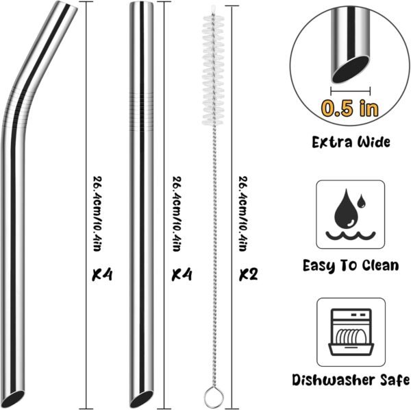NiHome 8-Pack Stainless Steel Smoothie/Milkshake Straws, 0.5'' Extra Wide Reusable Metal Straw, Straight & Bent Drinking Straws for Boba, Thick Beverages, Cold Drinks, 2 Brushes (Silver) - Image 7
