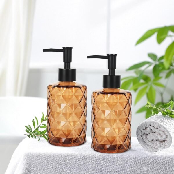 Glass Soap Dispenser, 2pcs Hand Soap Dispensers, Glass Bottle with Plastic Pump, Kitchen Dish Soap Dispenser Set for Bathroom, Hand Soap Dispenser for Liquid, Lotion, Essential Oil (Amber) - Image 2
