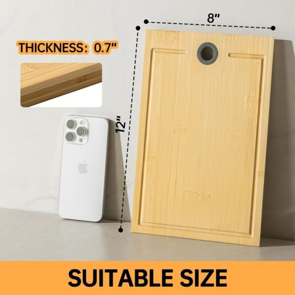 Bamboo Cutting boards for Kitchen, Wood Cutting board with Non-Slip Rubber Feet, Juice Groove & Tilt Handle, Non-Slip Chopping Board for Meat, Fruit for Prep, Pre Oiled, 12" x 8" x 0.6" - Image 6