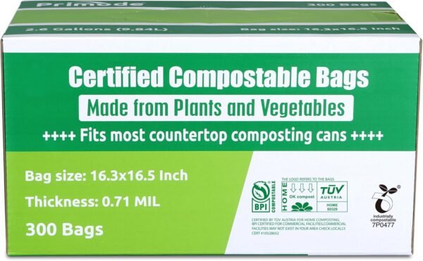 Primode Compostable Bags, 2.6 Gallon Food Scraps Yard Waste Bags, 300 Count, Extra Thick 0.71 Mil. ASTM D6400 Compost Bags Small Kitchen Bags, Certified by BPI and TÜV AUSTRIA - Image 2