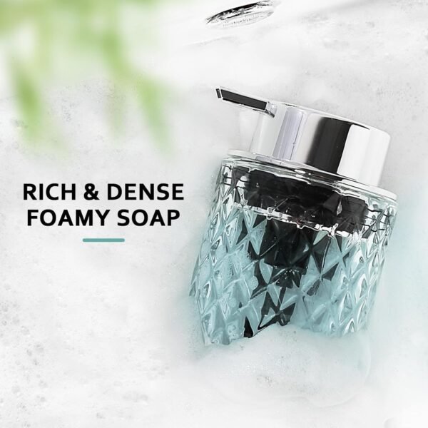 Foaming Soap Dispenser, Clear Glass Foam Hand Soap Dispenser for Bathroom, Refillable 10 Oz Foamy Pump Bottle with Plastic Sliver Pump, Modern Diamond Dish Soap Foam Dispenser Container - Image 4