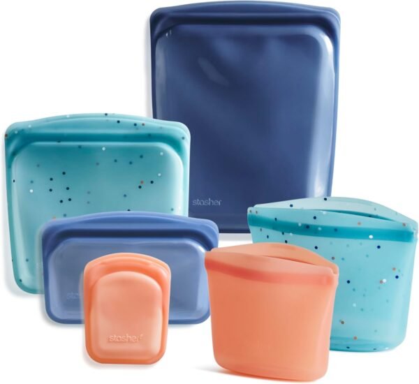 Stasher Premium Silicone Reusable Food Storage Bags, 6-Pack, Sea Spray | Multi-Use Food Storage Bags, Lunch Bag, Travel Containers | BPA Free, Leak-free, Dishwasher-Safe, Eco-friendly